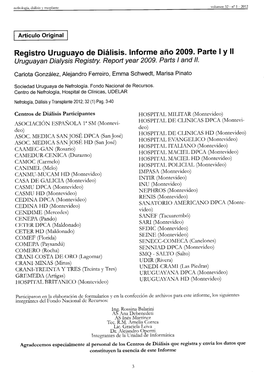 Registro Uruguayo De Diálisis. Informe Año 2009. Parte I Y 11 Uruguayan Dialysis Registry