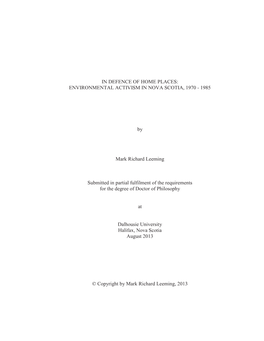 In Defence of Home Places: Environmental Activism in Nova Scotia, 1970 - 1985