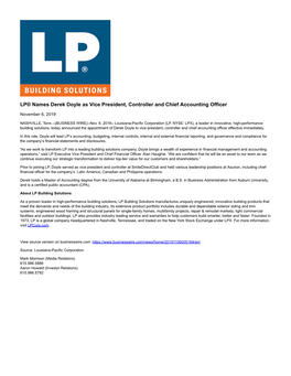 LP® Names Derek Doyle As Vice President, Controller and Chief Accounting Officer