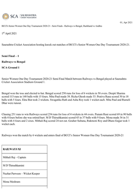 01, Apr 2021 BCCI's Senior Women One Day Tournament 2020-21 - Semi Finals - Railways Vs Bengal, Jharkhand Vs Andhra