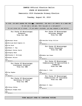 SAMPLE Official Election Ballot STATE of MISSISSIPPI Democratic 2019 Statewide Primary Election
