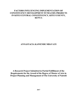 Factors Influencing Implementation of Constituency Development Fund (Cdf) Projects in Kitui Central Constituency, Kitui County, Kenya