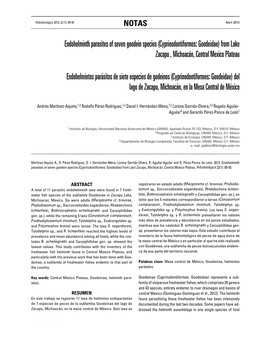 Endohelminth Parasites of Seven Goodein Species (Cyprinodontiformes: Goodeidae) from Lake Zacapu , Michoacán, Central Mexico Plateau