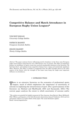 Competitive Balance and Match Attendance in European Rugby Union Leagues*