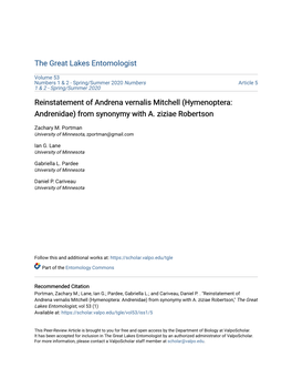 (Hymenoptera: Andrenidae) from Synonymy with A