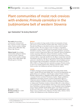 Plant Communities of Moist Rock Crevices with Endemic Primula Carniolica in the (Sub)Montane Belt of Western Slovenia