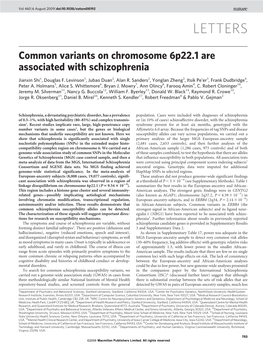 Common Variants on Chromosome 6P22.1 Are Associated with Schizophrenia