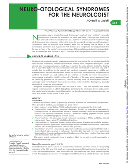 NEURO-OTOLOGICAL SYNDROMES for the NEUROLOGIST J Overell, a Lindahl Iv53