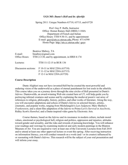 UGS 303: Dante's Hell and Its Afterlife Spring 2011: Unique Numbers