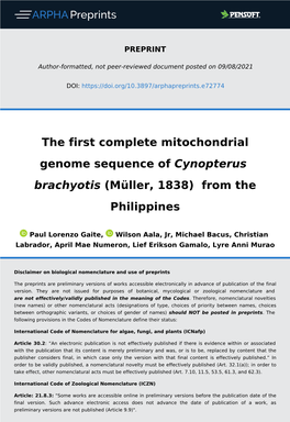 The First Complete Mitochondrial Genome Sequence of Cynopterus Brachyotis (Müller, 1838) from the Philippines