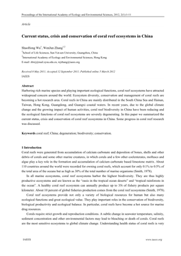 Current Status, Crisis and Conservation of Coral Reef Ecosystems in China