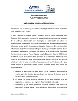 Sesión Ordinaria No. 4 PLENARIO LEGISLATIVO ANÁLISIS DEL