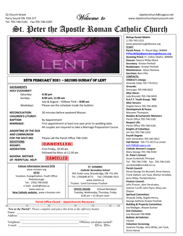 St. Peter the Apostle Roman Catholic Church Bishop Daniel Miehm 1-705-745-5123 STAFF: Parish Priest: Fr