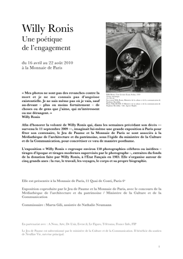 Willy Ronis Une Poétique De L’Engagement Du 16 Avril Au 22 Août 2010 À La Monnaie De Paris