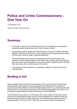 Police and Crime Commissioners - One Year On