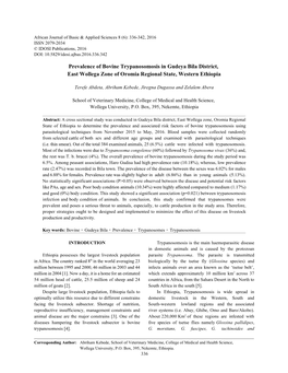 Prevalence of Bovine Trypanosomosis in Gudeya Bila District, East Wollega Zone of Oromia Regional State, Western Ethiopia