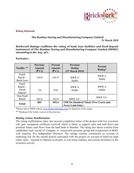 Rating Rationale 31 March 2020 Particulars. Facility ** Previous Amount