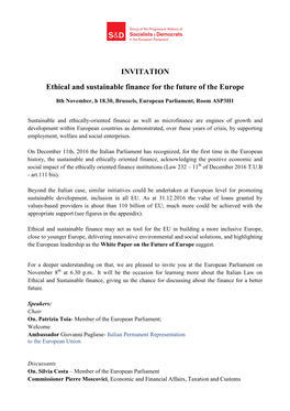 INVITATION Ethical and Sustainable Finance for the Future of the Europe