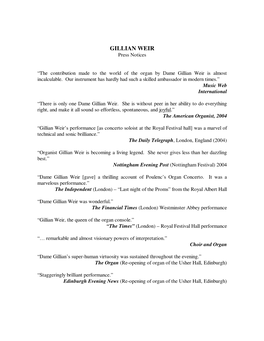 GILLIAN WEIR Press Notices