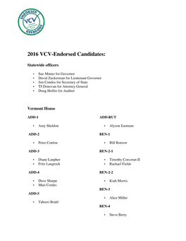 2016 VCV-Endorsed Candidates