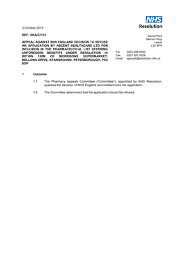3 October 2019 REF: SHA/22113 APPEAL AGAINST NHS ENGLAND
