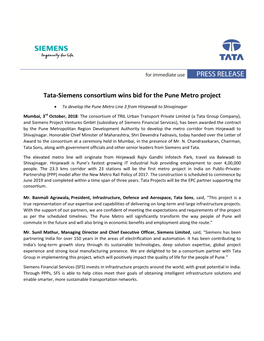 Tata-Siemens Consortium Wins Bid for the Pune Metro Project