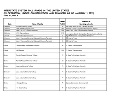 Interstate System Toll Roads in the United States (In Operation, Under Construction, and Financed As of January 1, 2013) Table T-1, Part 3