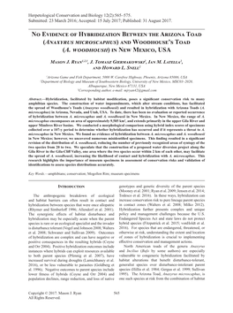 No Evidence of Hybridization Between the Arizona Toad (Anaxyrus Microscaphus) and Woodhouse's Toad (A. Woodhousii) in New Mexi