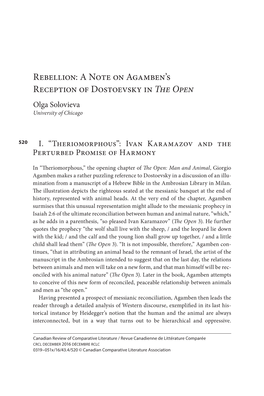 Rebellion: a Note on Agamben's Reception of Dostoevsky in the Open