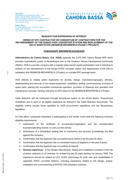 Request for Expression of Interest Hiring of Epc Contractor Or Consortium of Contractors for the Refurbishment of the Songo Hvdc