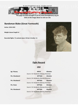Fight Record Bandsman Blake (Great Yarmouth)