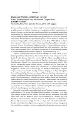 Business Rhetoric in German Novels: from Buddenbrooks to the Global Corporation Ernest Schonfield Rochester, New York: Camden House, 2018 (306 Pages)