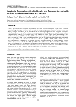 Proximate Composition, Microbial Quality and Consumer Acceptability of Gruel from Fermented Maize and Soybean