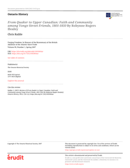 From Quaker to Upper Canadian: Faith and Community Among Yonge Street Friends, 1801-1850 by Robynne Rogers Healey Chris Raible