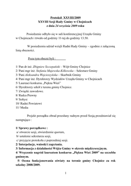Protokół XXVIII/2009 XXVIII Sesji Rady Gminy W Chojnicach Z Dnia 24 Września 2009 Roku