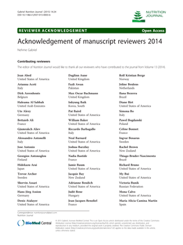 Acknowledgement of Manuscript Reviewers 2014 Nehme Gabriel