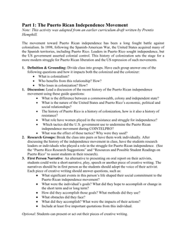 The Puerto Rican Independence Movement Note: This Activity Was Adapted from an Earlier Curriculum Draft Written by Prentis Hemphill