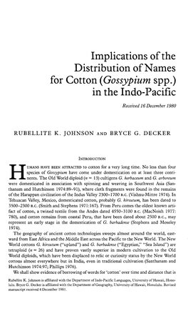 Implications Ofthe Distribution Ofnames for Cotton (Gossypium Spp.) in the Indo-Pacific