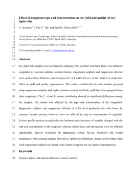Effect of Coagulant Type and Concentration on the Yield and Quality of Soy- 2 Lupin Tofu 3 4 V