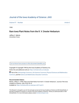 Rare Iowa Plant Notes from the R. V. Drexler Herbarium