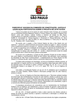 Parecer Nº 1022/2020 Da Comissão De Constituição, Justiça E Legislação Participativa Sobre O Projeto De Lei Nº 0379/20