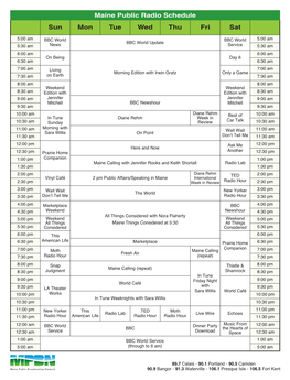 Maine Public Radio Schedule Sun Mon Tue Wed Thu Fri Sat