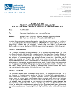 Notice of Intent to Adopt a Mitigated Negative Declaration for the City Trunk Line South Unit 5 Phase Ii and Unit 6 Project