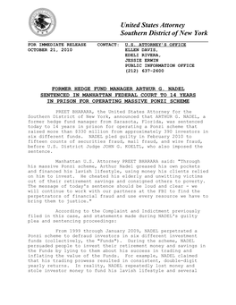 Former Hedge Fund Manager Arthur G. Nadel Sentenced in Manhattan Federal Court to 14 Years in Prison for Operating Massive Ponzi Scheme