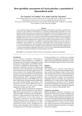 Host Specificity Assessments of Cotesia Plutellae, a Parasitoid of Diamondback Moth