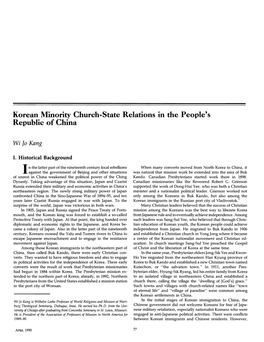 Korean Minority Church-State Relations in the People's Republic of China