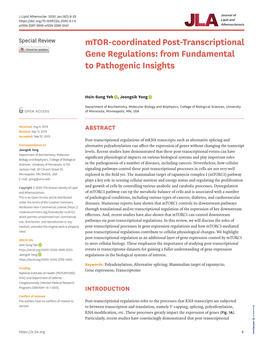 Mtor-Coordinated Post-Transcriptional Gene Regulations: from Fundamental to Pathogenic Insights