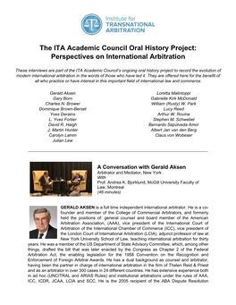 The ITA Academic Council Oral History Project: Perspectives on International Arbitration