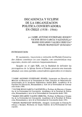 Decadencia Y Eclipse De La Organizacion Politica Conservadora En Chile(] 938 - 1966)