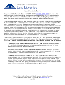 Written by Mary Godfrey-Rickards, AALL Government Relations Committee AALL Contact: Emily Feltren, (202) 942-4233, Efeltren@Aall.Org May 2012